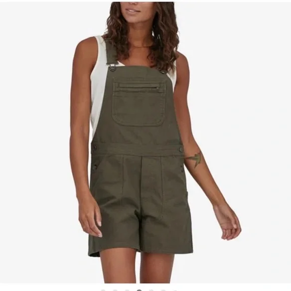 Patagonia Stand Up Short Overalls Women's Olive Green Denim Overalls Size Small - Picture 1 of 7